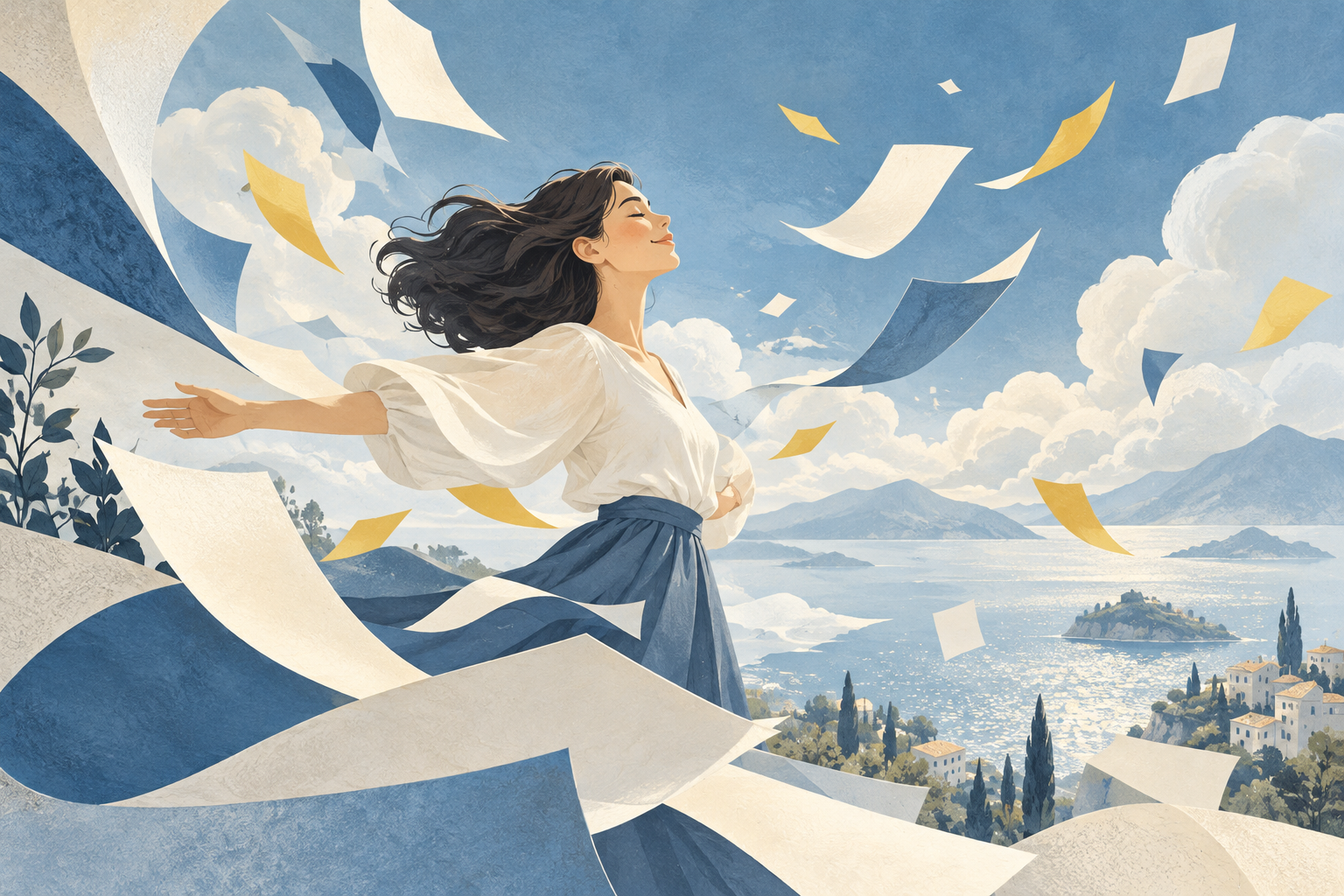 blue and cream floating paper shapes with yellow accents and subtle cloud forms, joyful airy editorial illustration